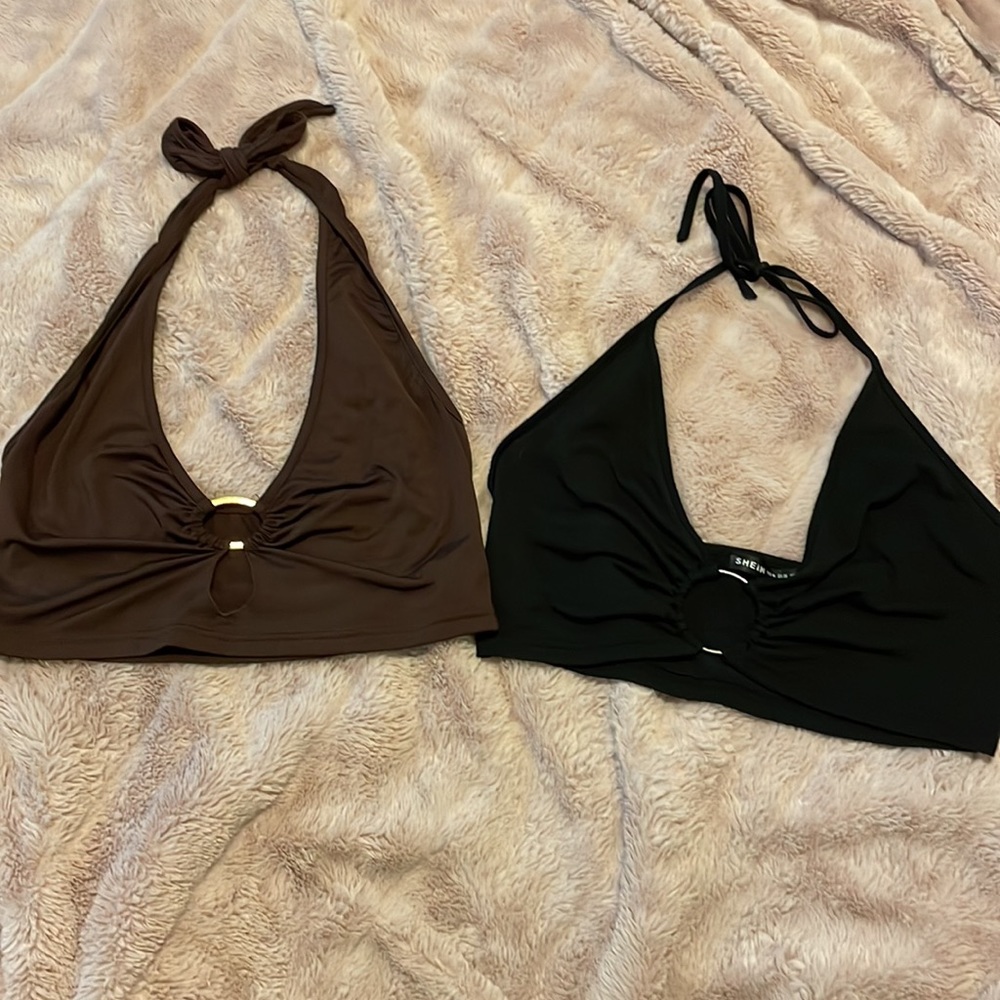 2/$15 Shein O-Ring halter tops in brown and black